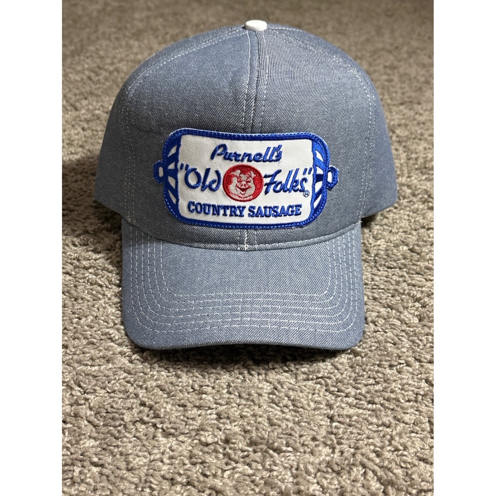Purnells Old Folks Country Sausage Trucker Hat Blue Snapback Mesh Cap Vintage